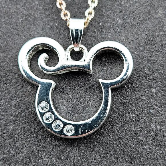 Disney Rhinestone Mickey Ears Charm Pendant Necklace On Silver Tone Chain - Picture 3 of 6